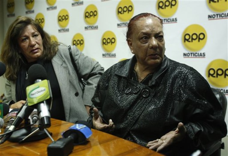 Angelica Ocampo, right, and Elvira Pelaez, left, mother and sister of Vicky Pelaez, speak during a press conference at RPP radio station in Lima, Wednesday, June 30, 2010. Peruvian journalist Vicky Pelaez was among 10 people arrested in a sweep in the United States on June 27 as part of an alleged Russian spy ring and charged with conspiracy to act as an agent of a foreign government without notifying the U.S. Attorney General, which carries a maximum penalty of five years in prison upon conviction. (AP Photo/Karel Navarro)
